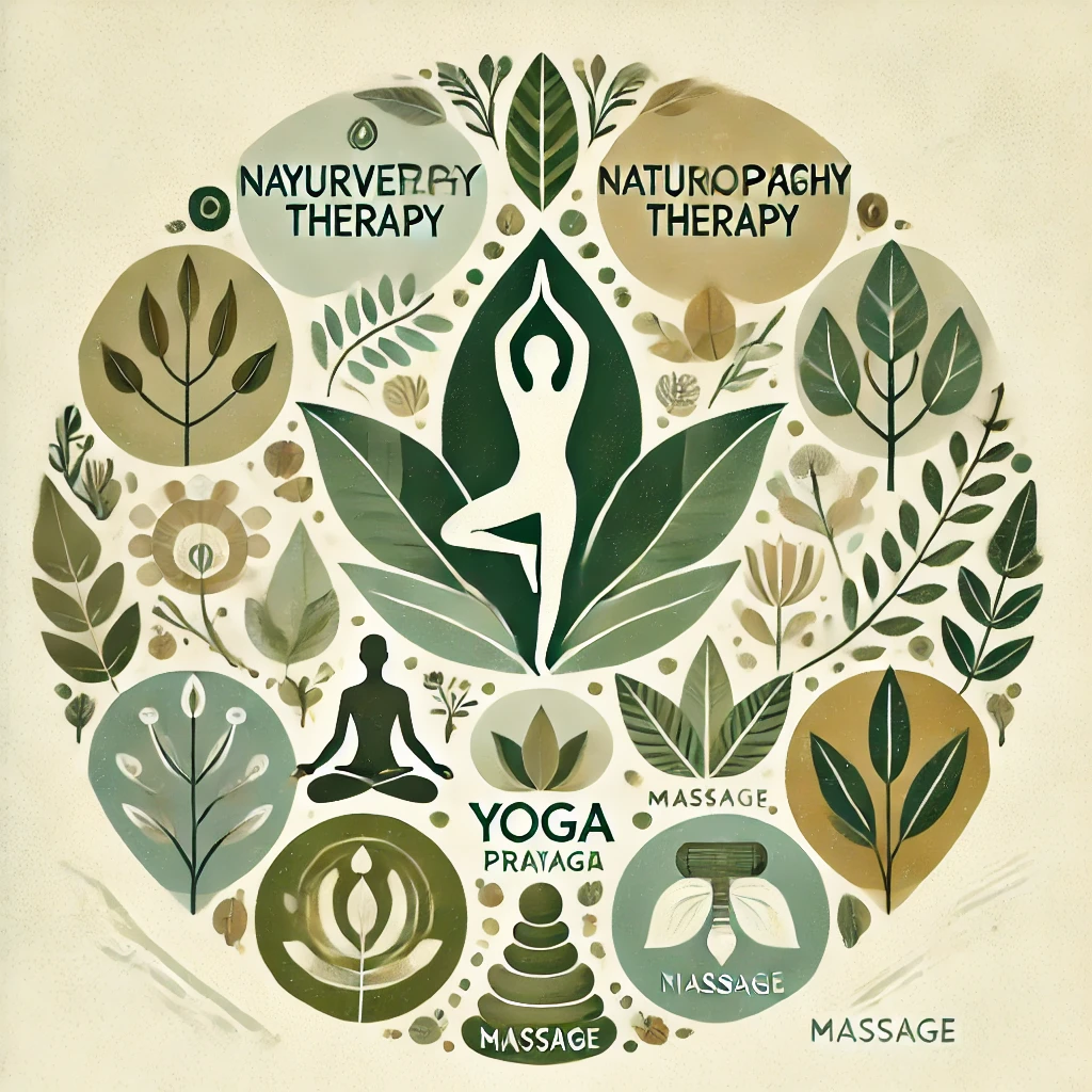 DALL·E 2024-10-30 17.01.57 - A calming and balanced design representing wellness categories_ Ayurvedic therapy, Naturopathy therapy, Yoga, Pranayam, and Massage. The design includ