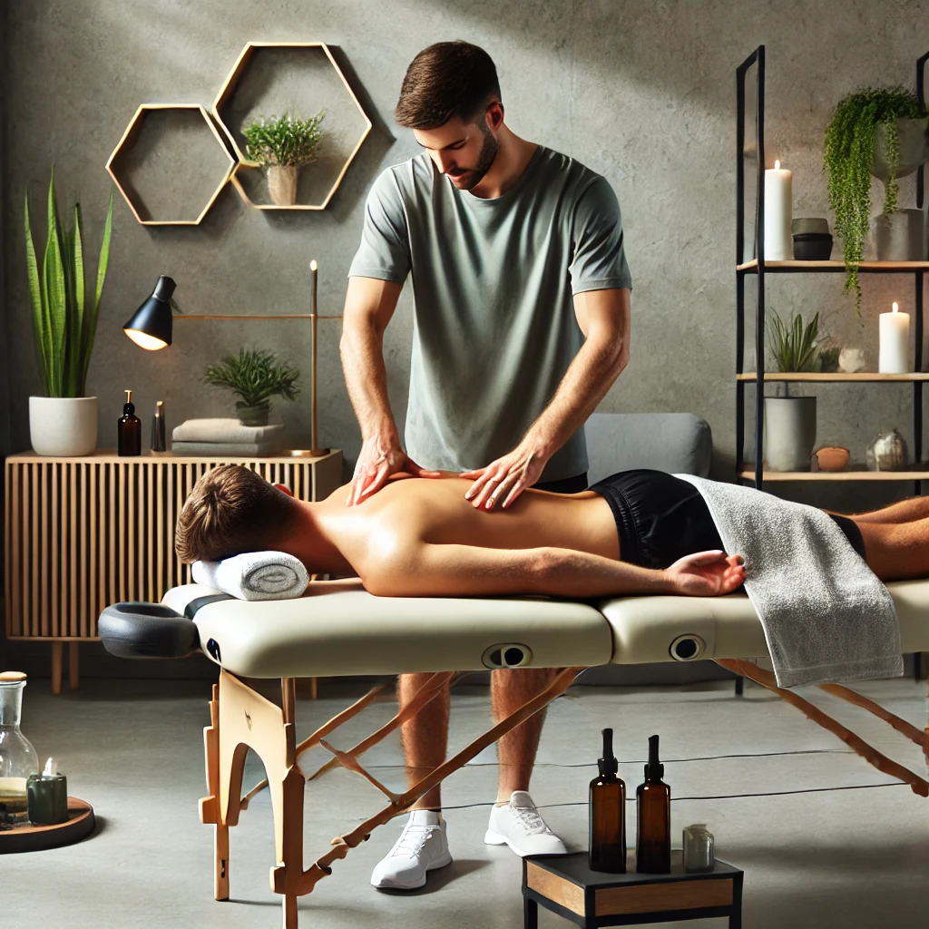 DALL·E 2024-11-22 22.04.02 - A professional therapist providing a massage to an athlete post-workout in a serene and modern setting. The scene includes a massage table, the therap